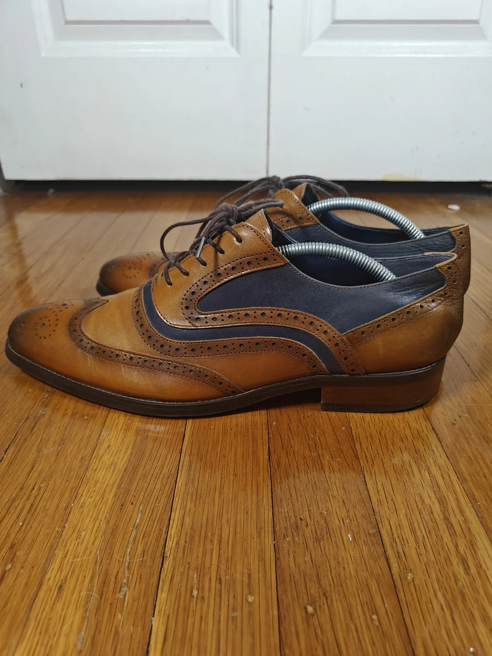 Moretti Mens 11 Two-Tone Tan Brown & Navy Wingtip Brogue Oxfords Saddle Shoes